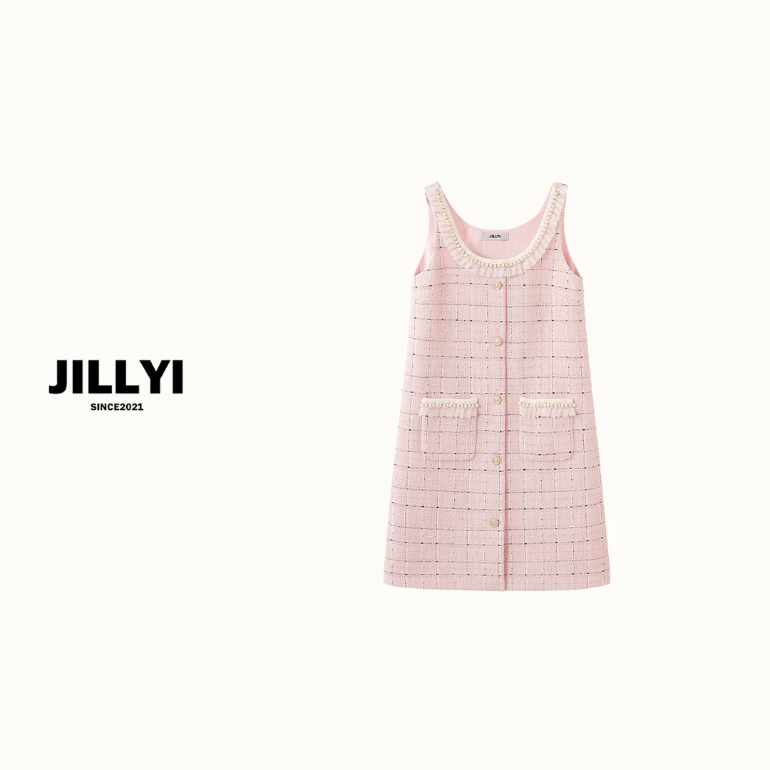 JILLYI珠海店【粉色烟雨】粉色圆领拼接素描黑格子小众时尚连衣裙