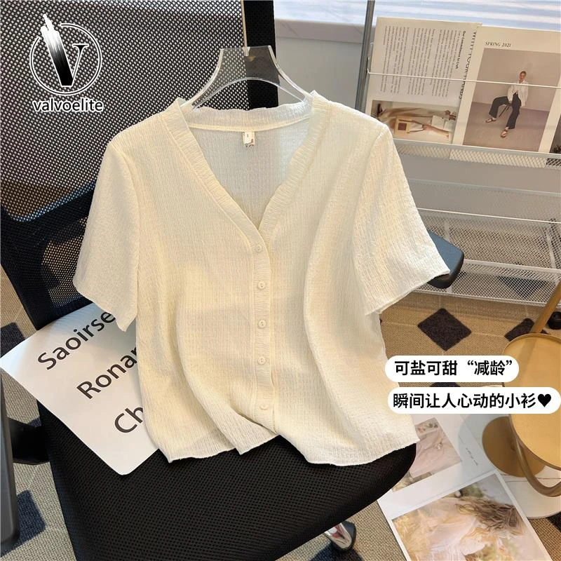 VALVOELITE大码女装夏季正肩短袖体恤微胖遮肚短款漂亮雪纺上衣潮