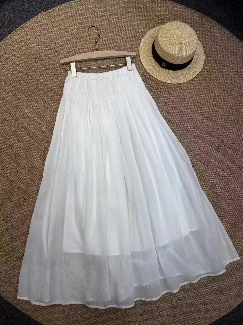 夏季新中式国风苎麻白色A字半身裙遮肚子藏肉显瘦
