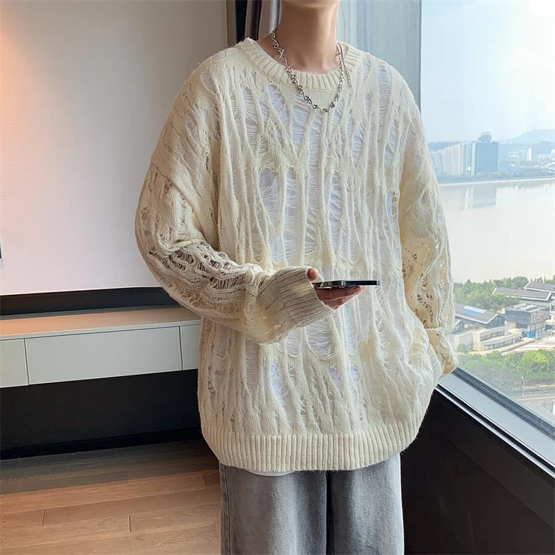 早秋薄款镂空破洞针织衫男女日系潮牌高级感宽松百搭慵懒套头毛衣