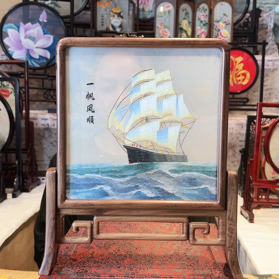 织绣苏绣摆台胡桃木手工双面