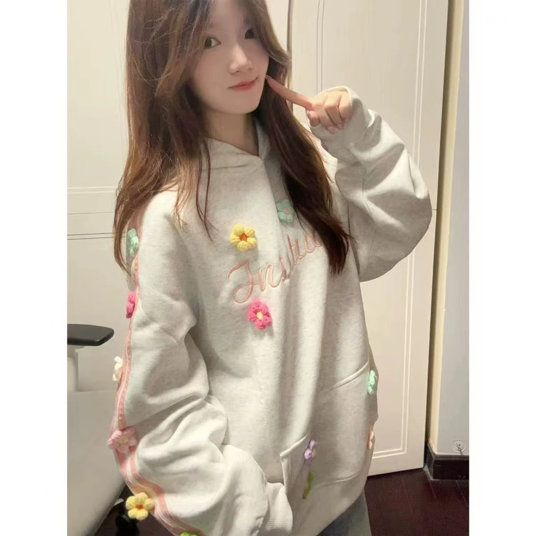 2025新款立体花朵加绒连帽卫衣女秋冬宽松美式慵懒风chic韩系外套