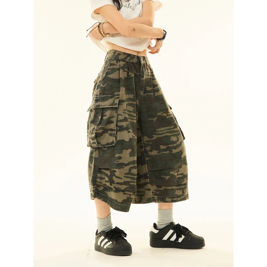 美式复古迷彩薄款工装短裤裤子女夏季百搭宽松直筒阔腿休闲七分裤