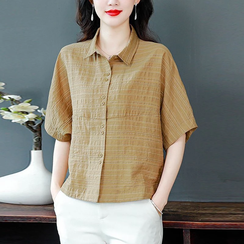 高档夏季妈妈夏装棉麻短袖女士衬衫洋气宽松显瘦小衫打底衫上衣女