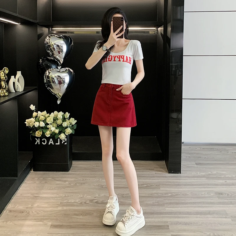辣妹短款U领字母印花短袖T恤女夏季牛仔裙短裙高腰a字裙半身裙子
