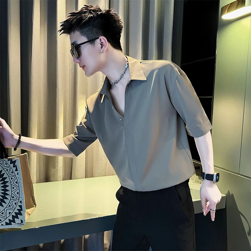 衬衫V领polo衫男士痞帅衬衫短袖夏季男装2025新款上衣高级感t恤男