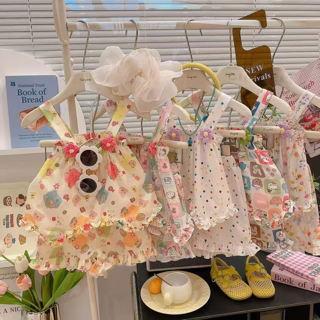 【莱塞尔+绵绸】夏季新款吊带裙套装背心碎花森系女童卡通套装