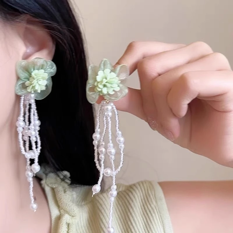 超仙网纱花朵流苏耳环女韩系甜美气质长款耳钉小众感耳饰