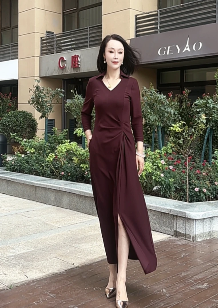 法式早秋衬衣领气质优雅显瘦长裙
