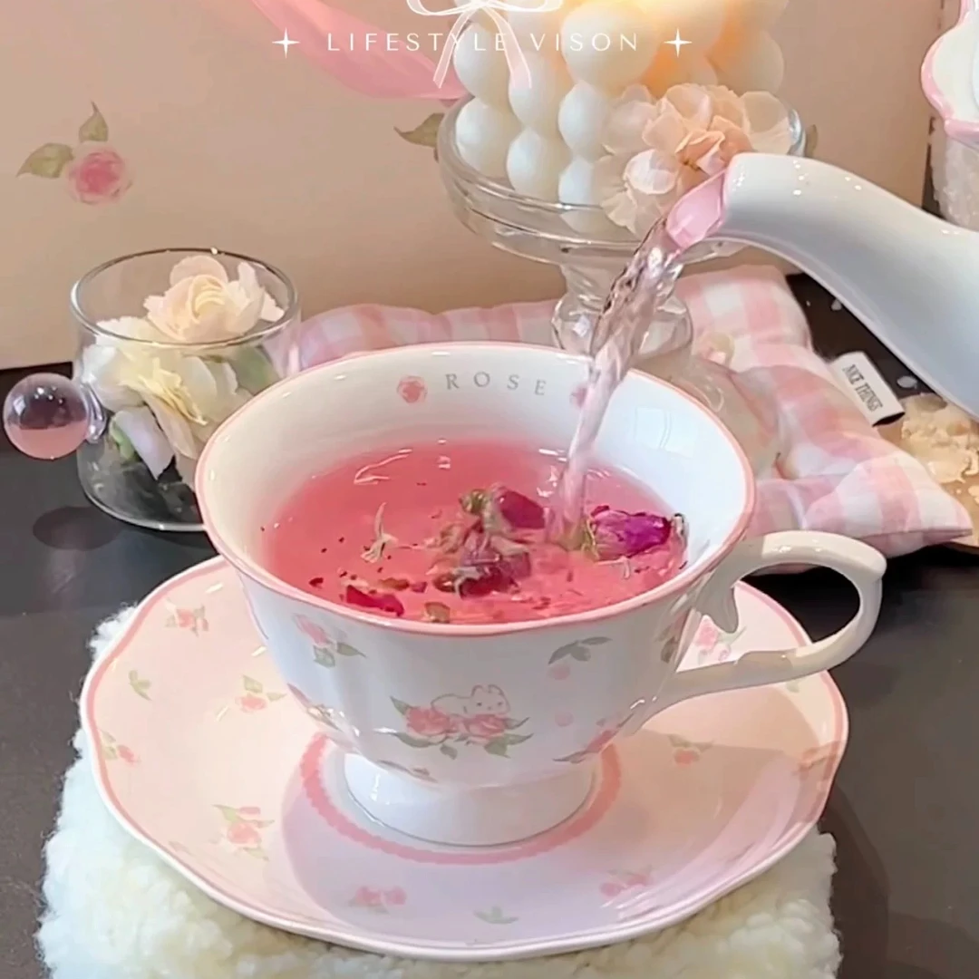 法式复古粉兔精致陶瓷咖啡花茶杯碟高颜值少女心杯子送礼物下午茶