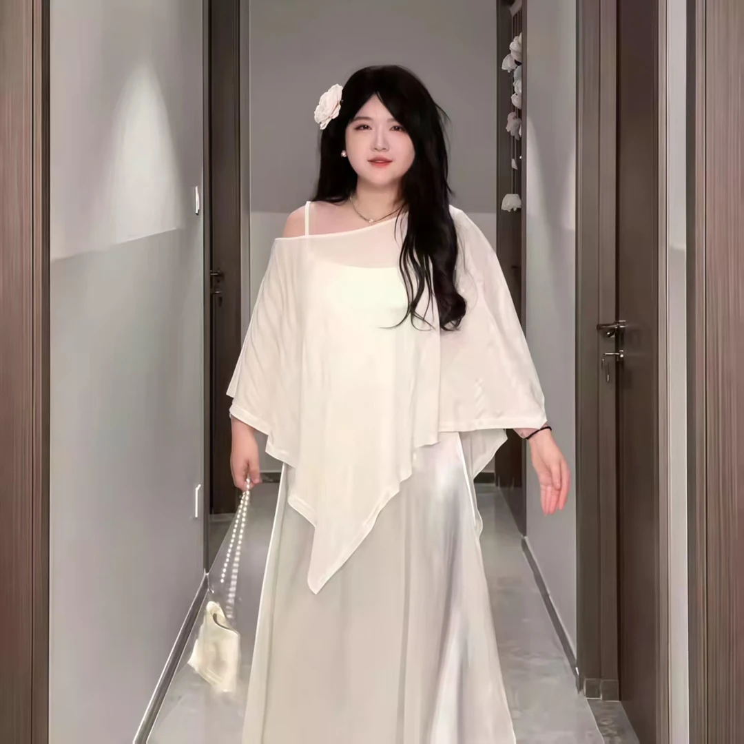 大码女装宴会连衣群醋酸连衣裙轻熟风性感夏季套装针织纯色显瘦
