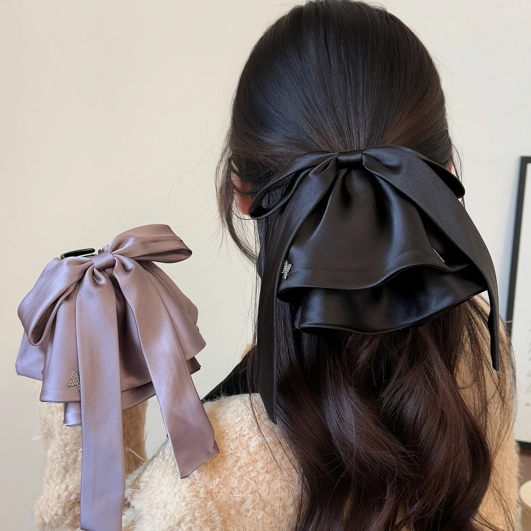 简约黑色缎面蝴蝶结马尾夹轻奢显发量裙摆抓夹高级感精致通勤发夹