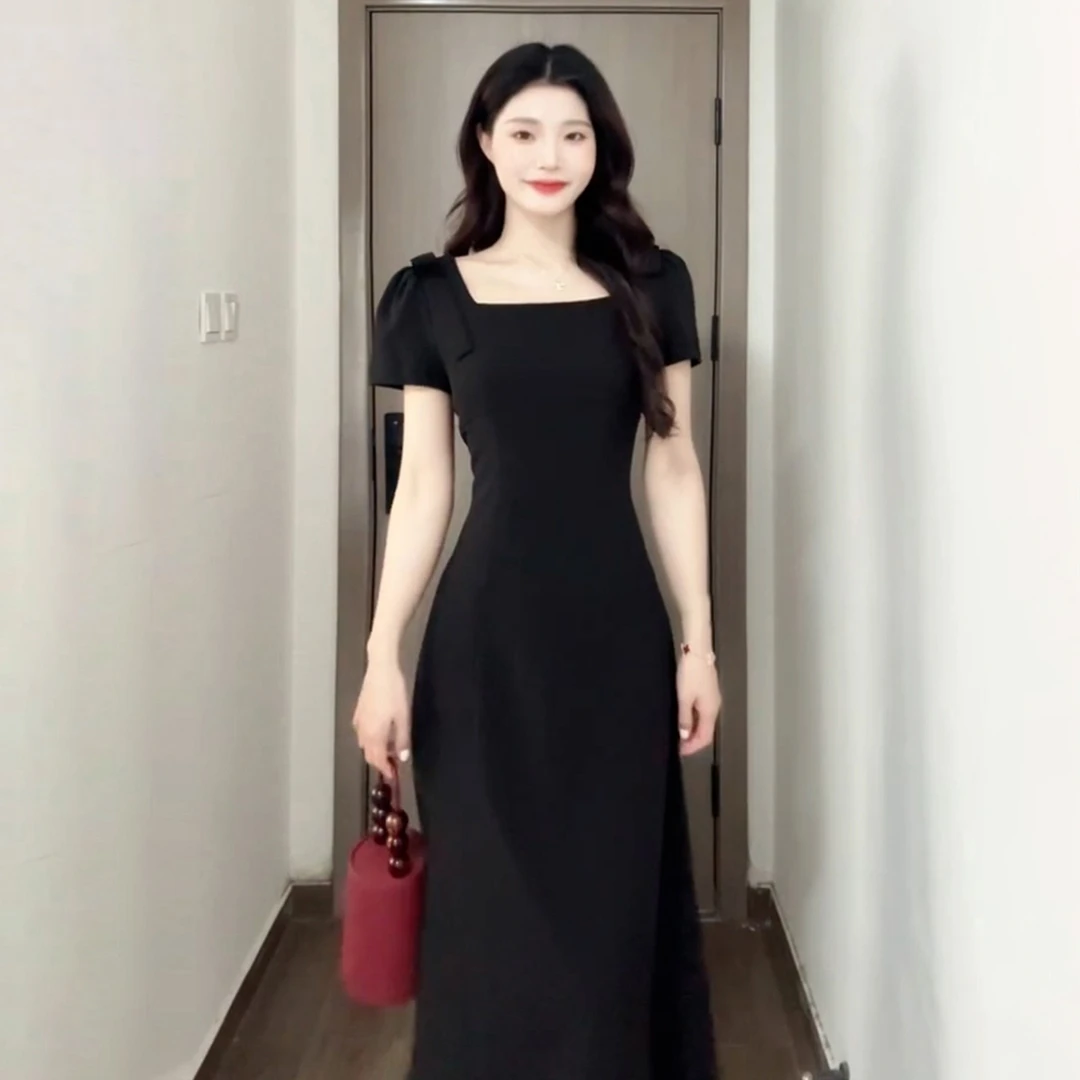 法式赫本风黑色方领连衣裙子夏2025年新款高级感长裙财阀千金女装