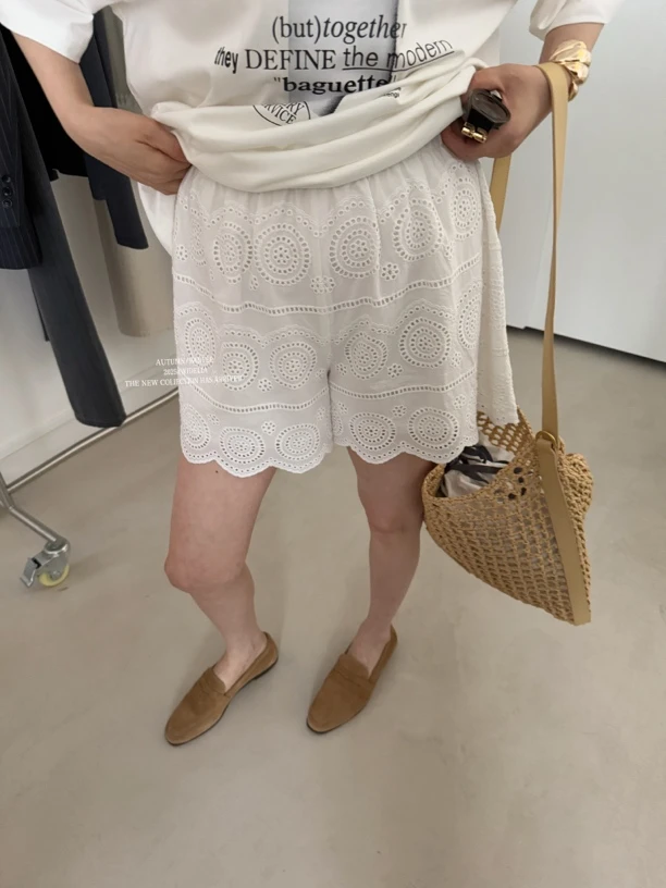 widelia白色高腰休闲刺绣短裤女7233夏季新遮肉宽松显瘦慵懒裤子