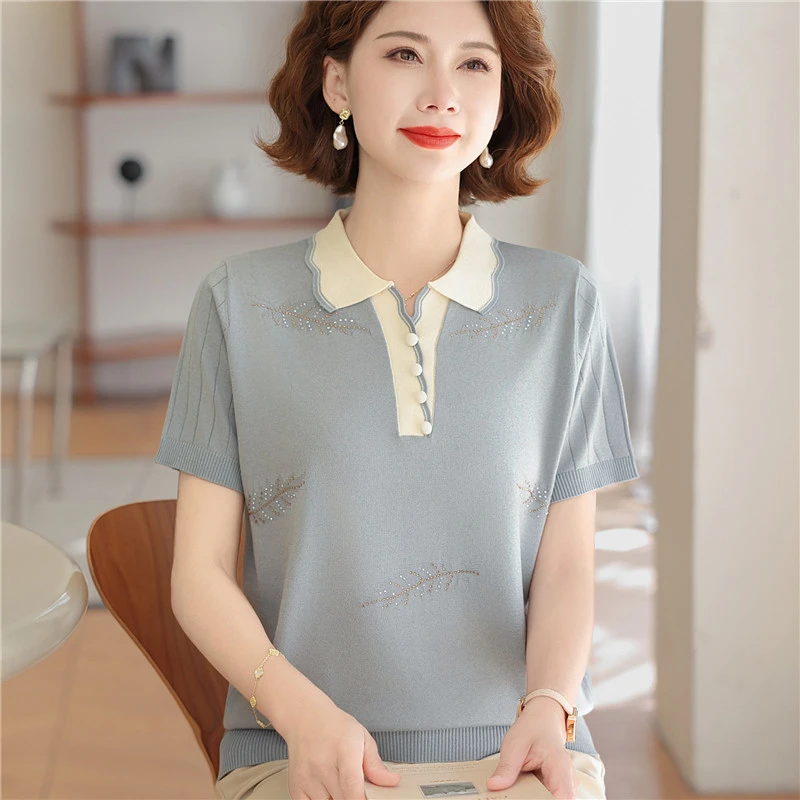 妈妈夏装套装翻领短袖冰丝T恤2025新款中老年女装洋气质针织上衣