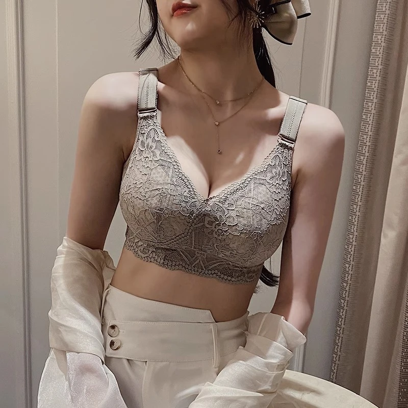 薄款收副乳调整型大码内衣女聚拢无钢圈大胸显小防下垂全罩杯文胸