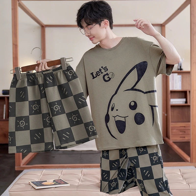 男士睡衣夏季短袖长裤纯棉大码可外穿卡通青少年薄款家居服三件套