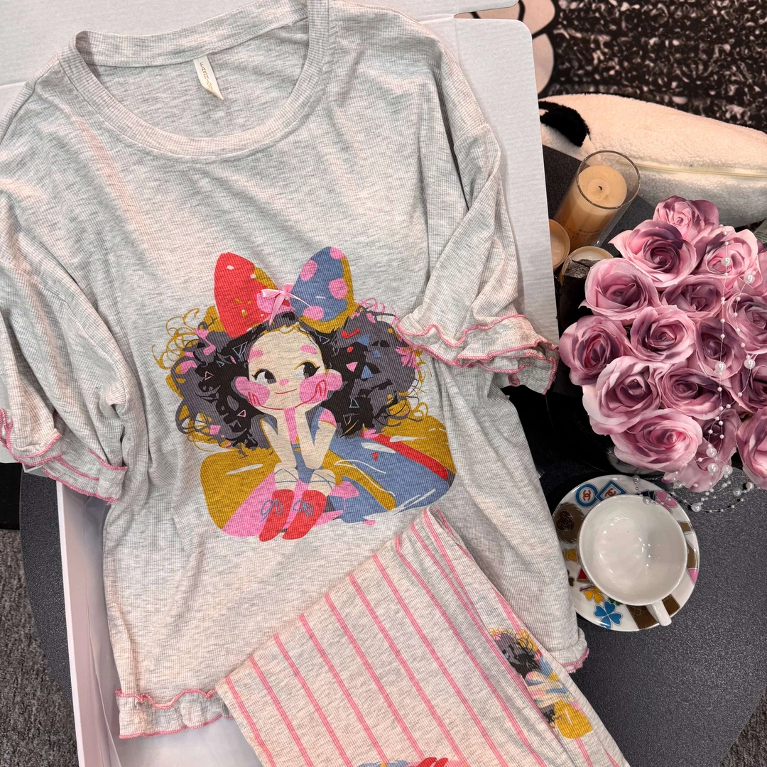 【甜美公主】卡通印花短袖睡衣女夏季新款家居服休闲长裤可外穿