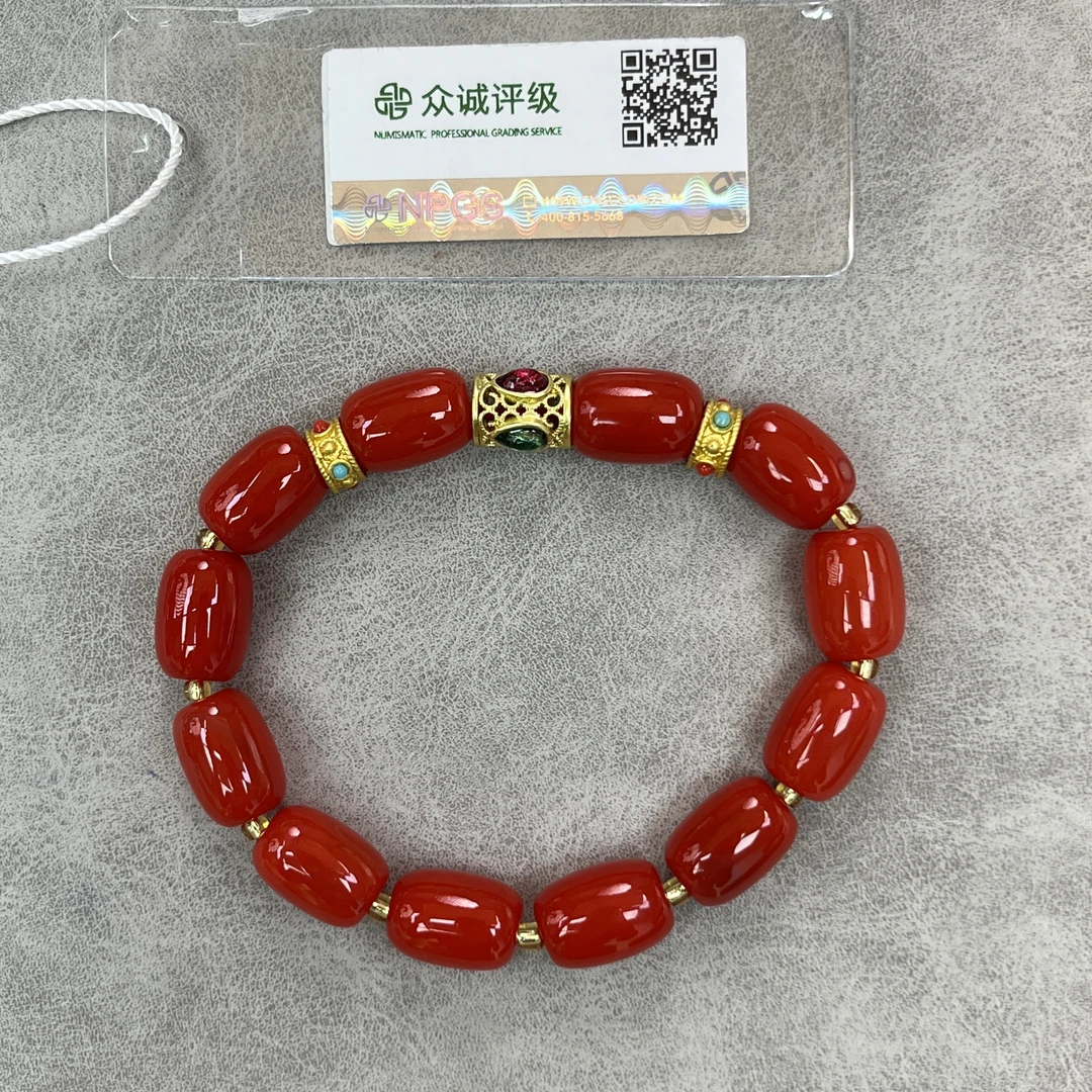 原矿南红 亮面 卡10 桶珠 带合金配饰 手串 YZ0641 [燕赵造物司］