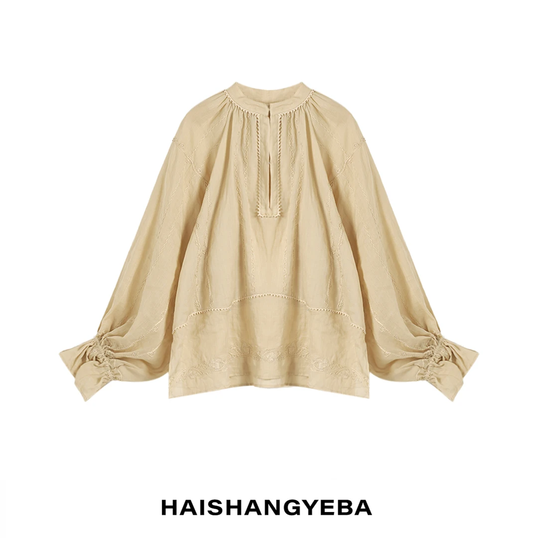 【海上叶爸】新款2025夏季百搭苎麻圆领单扣宽松休闲花纹长袖衬衫