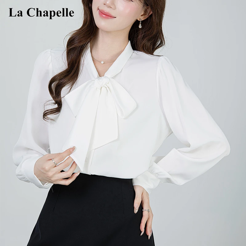 拉夏贝尔白色蝴蝶结长袖衬衫女装秋季新款高级感通勤上衣职业衬衣