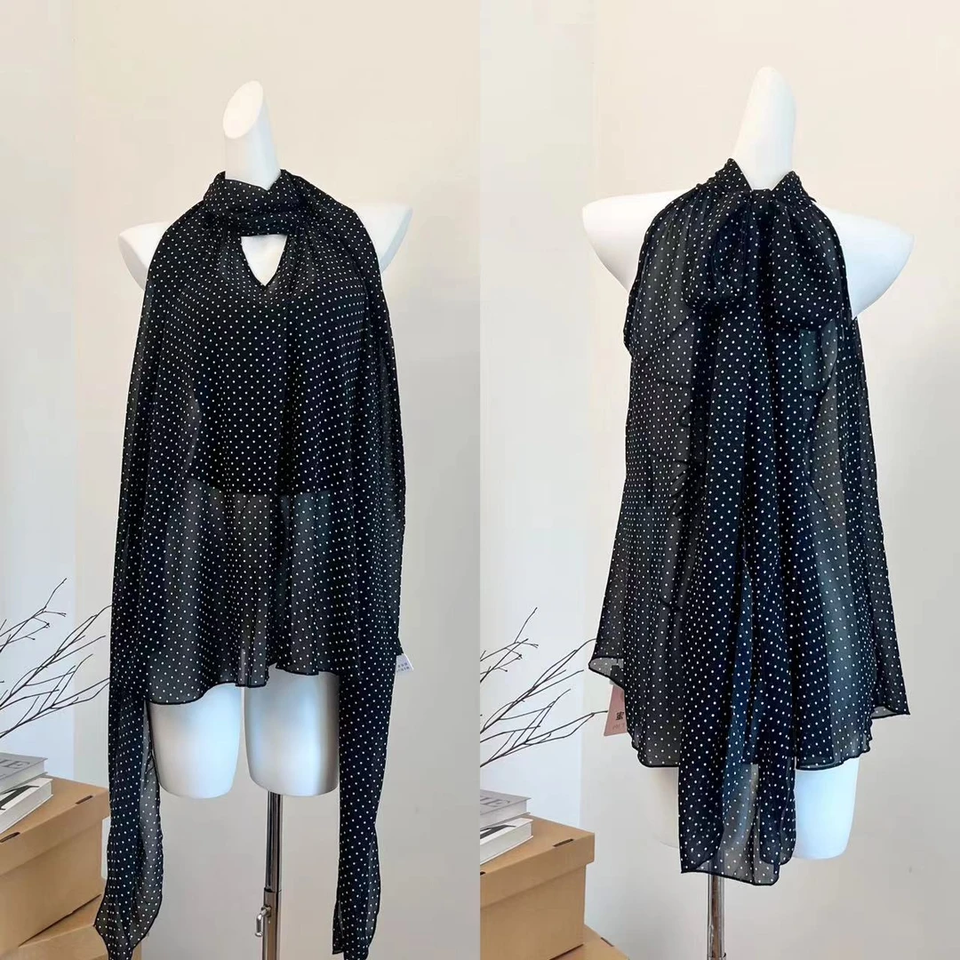 辣妹性感黑色波点飘带挂脖无袖背心上衣薄款微透中长款挂脖上衣