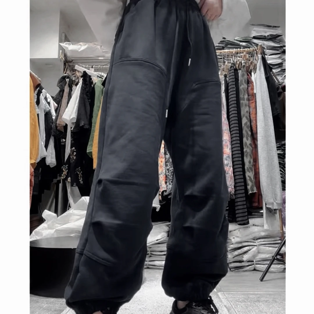 339欧洲站新款纯色拼接加绒卫裤洋气百搭束脚休闲裤子