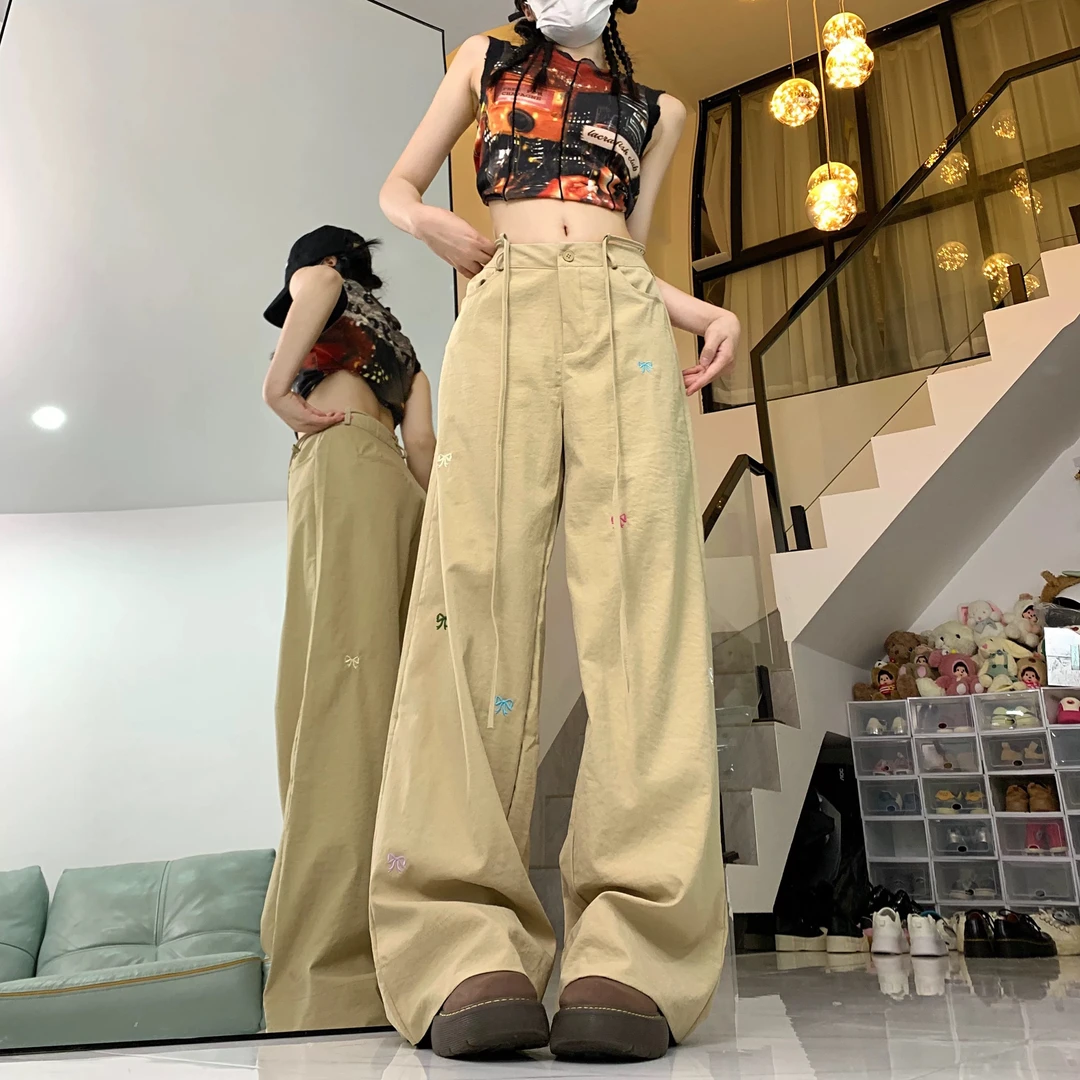 5288#设计感蝴蝶结刺绣休闲裤女高腰系带宽松显瘦阔腿拖地工装裤