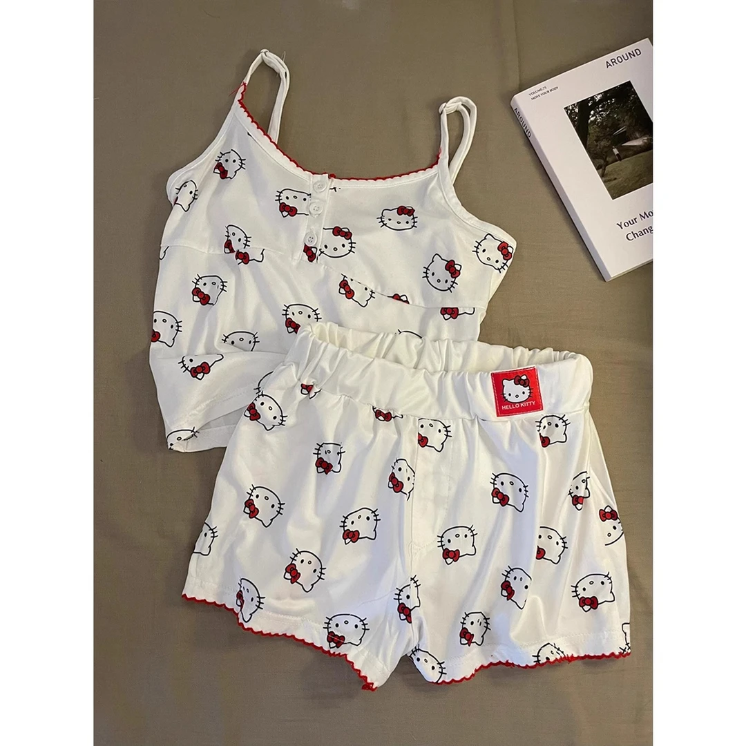 卡通Kitty猫纯欲性感吊带睡衣女夏季薄款休闲背心短裤大码家居服