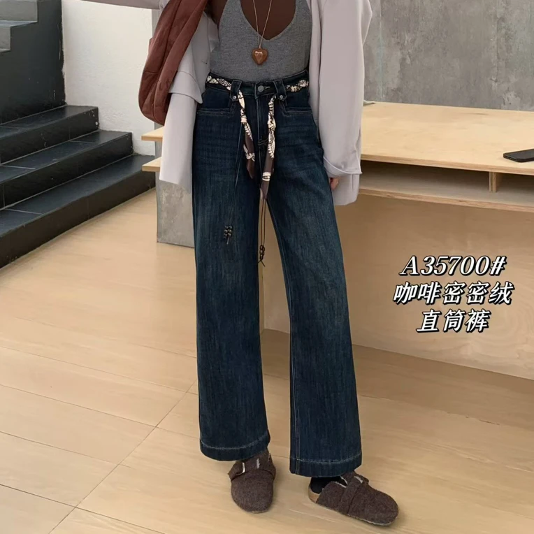 女士冬季加绒加厚九分直筒牛仔裤高腰宽松休闲阔腿牛仔裤女35700