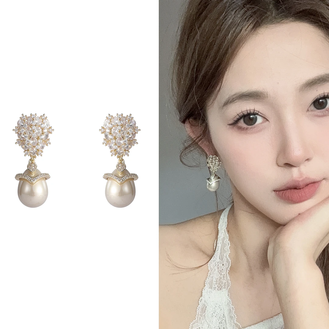 oushipei/欧诗佩 铜合金仿珍珠耳饰 奢华满钻香槟色水滴珍珠耳环