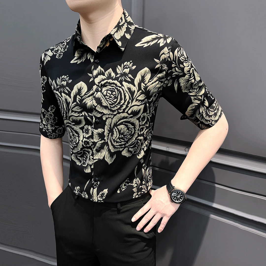 碎花衬衫男款短袖网红洋气炸街男装小众设计师高级感痞帅男士衬衣