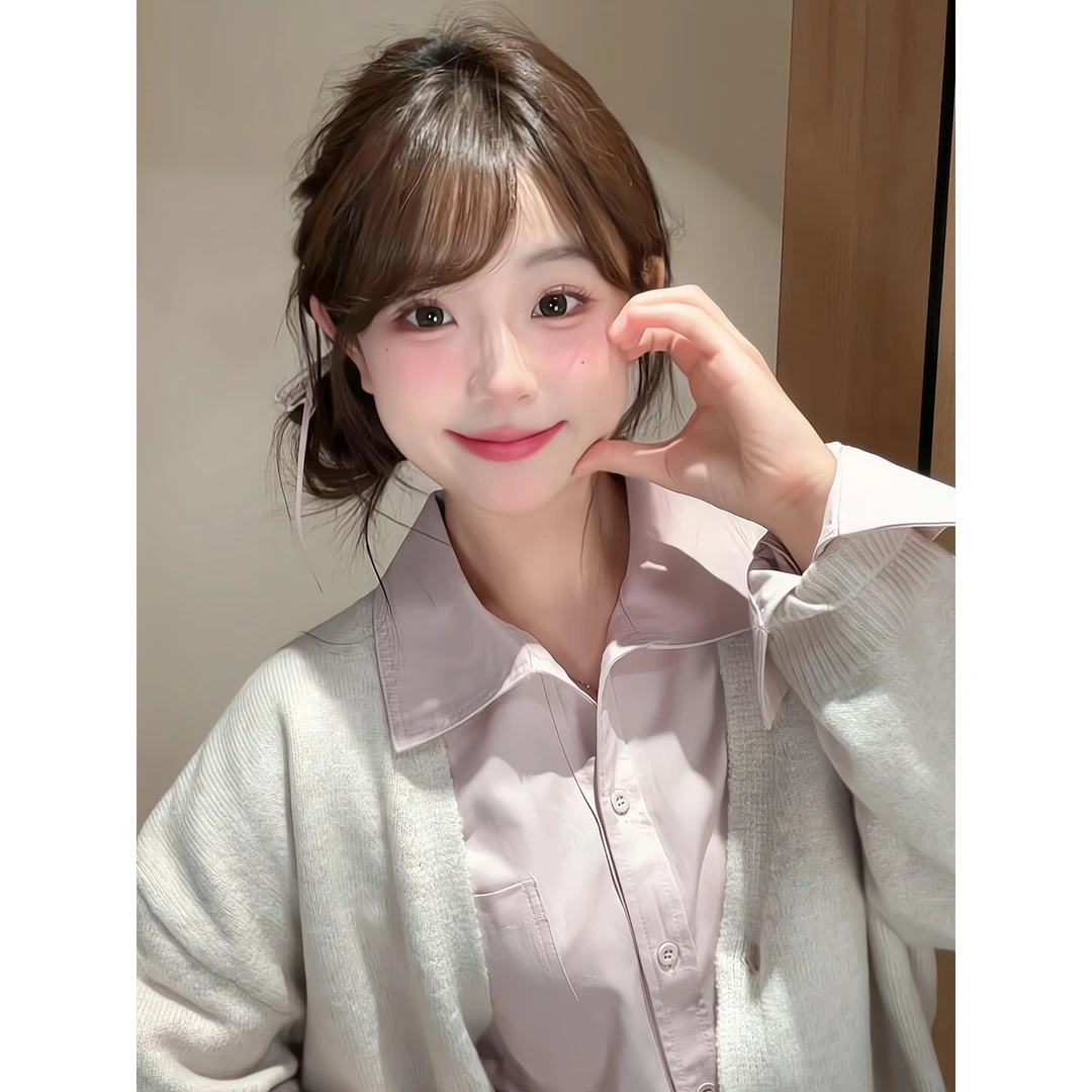 韩系polo领长袖衬衫包臀短裙针织开衫外套女2025秋季新款时尚套装