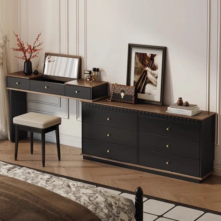 2025新款美式中古梳妆台斗柜一体卧室化妆台伸缩翻盖化妆桌床尾柜