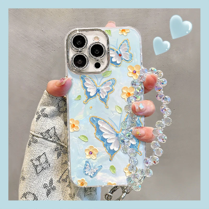 油画蝴蝶适用苹果15promax华为oppo小米iPhone16精孔贝壳纹手机壳