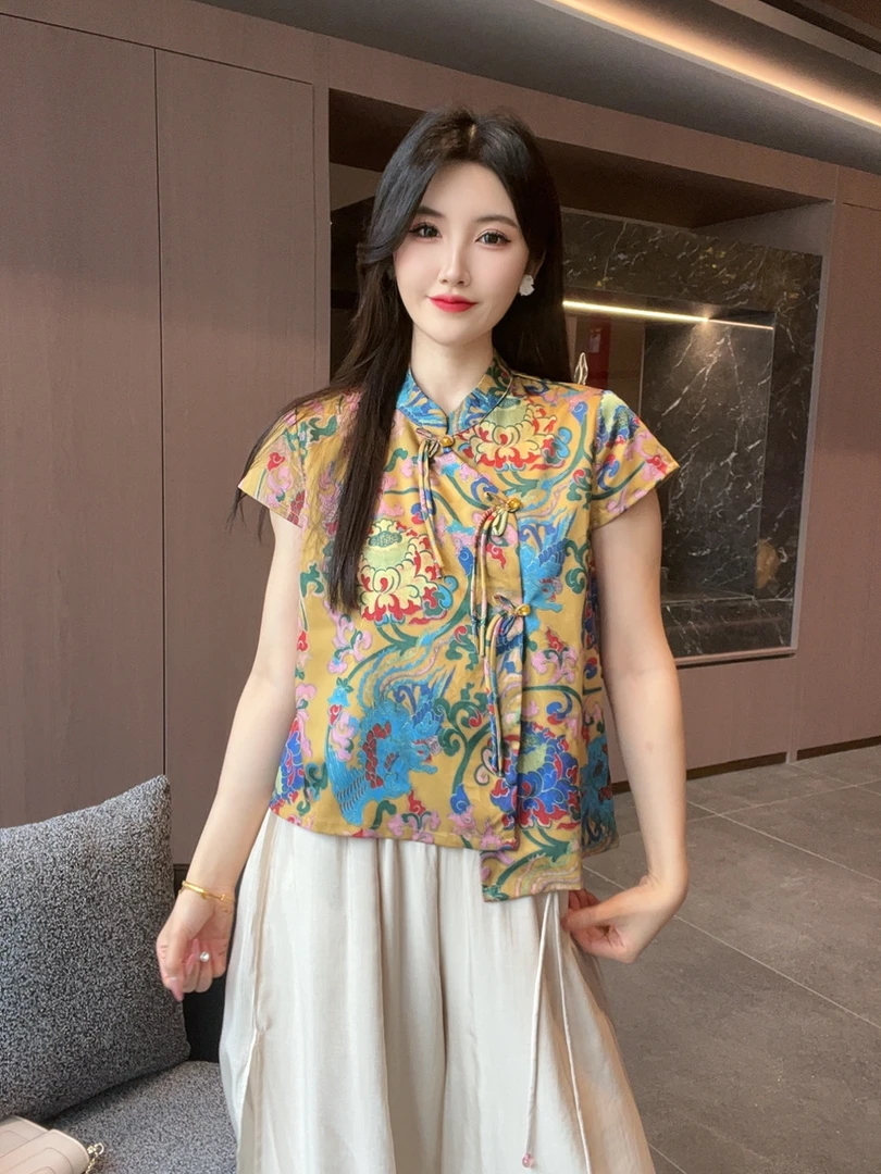【锦菡】夏季2025新款上衣小衫女装新中式国风立领提花气质飞袖衬衫