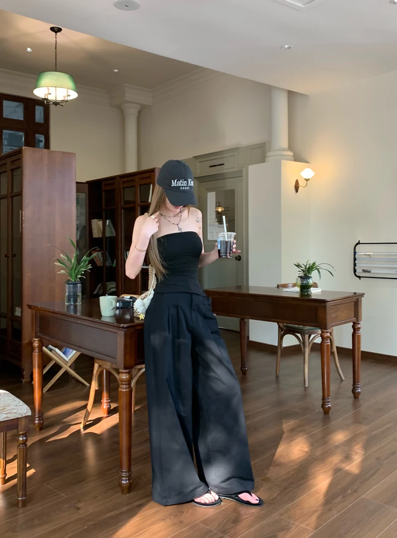 番茄妹妹Tomatosister老钱精英风低腰春夏女卡其阔腿直筒拖地长裤