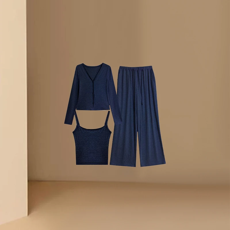 纯欲修身显瘦吊带上衣女长袖防晒开衫休闲垂感阔腿拖地长裤三件套