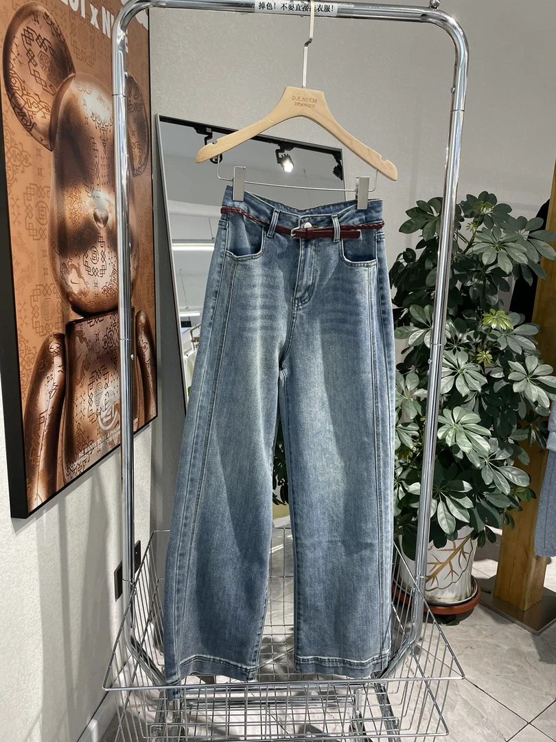 DRN 红皮带牛仔阔腿裤