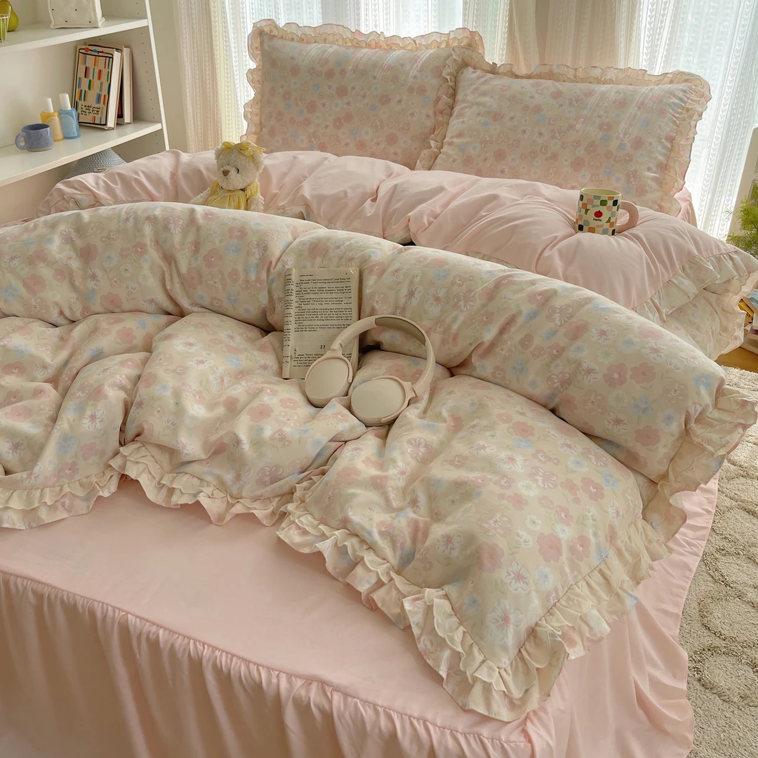 Heart Island【花舍里】小清新双层蕾丝花边水洗棉公主风四件套床品