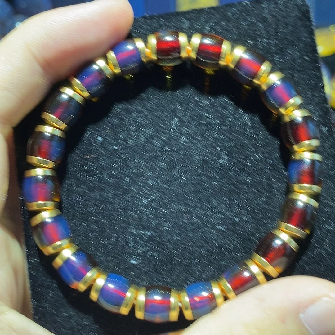 蓝珀银S925镀金镶嵌珠宝奇石8mm墨西哥红蓝