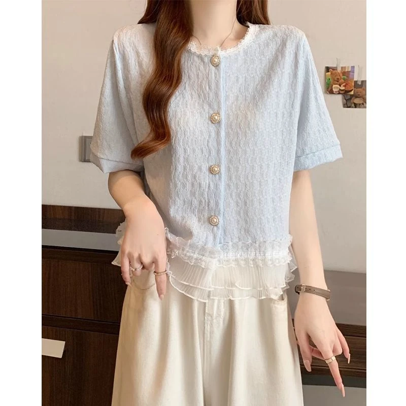 小香风设计感蕾丝花边短袖衬衫女装夏季大码胖轻奢高端法式上睡衣