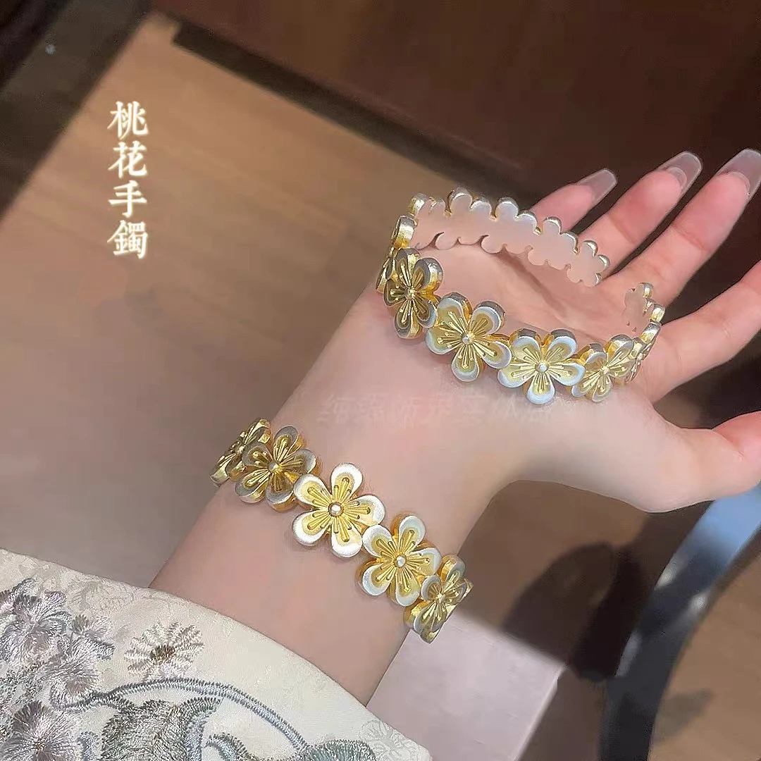 足银手镯 足银999描金桃花开口银手镯女新中式轻奢小众银镯子送礼