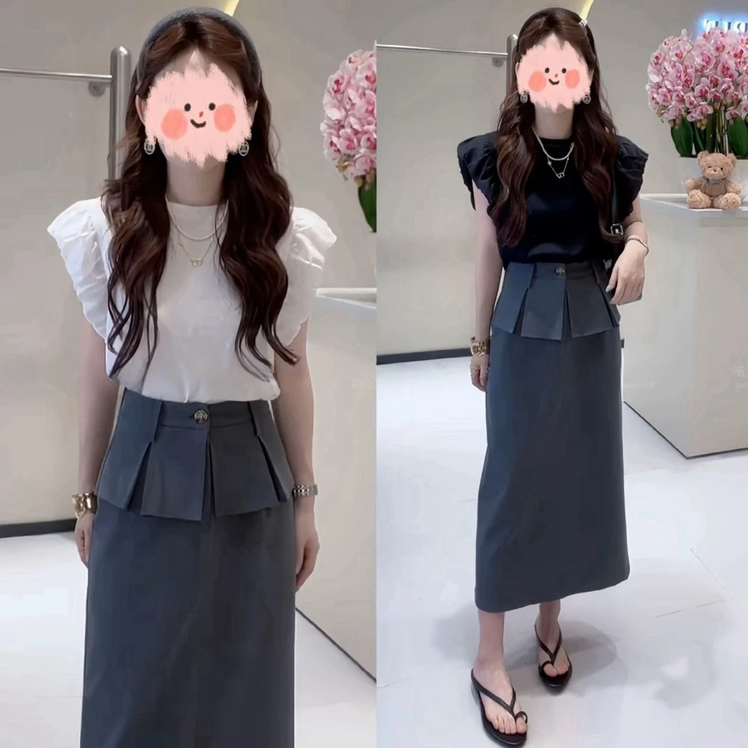 2025夏季新款小飞袖韩版减龄上衣西装半身裙两件套显瘦气质网红