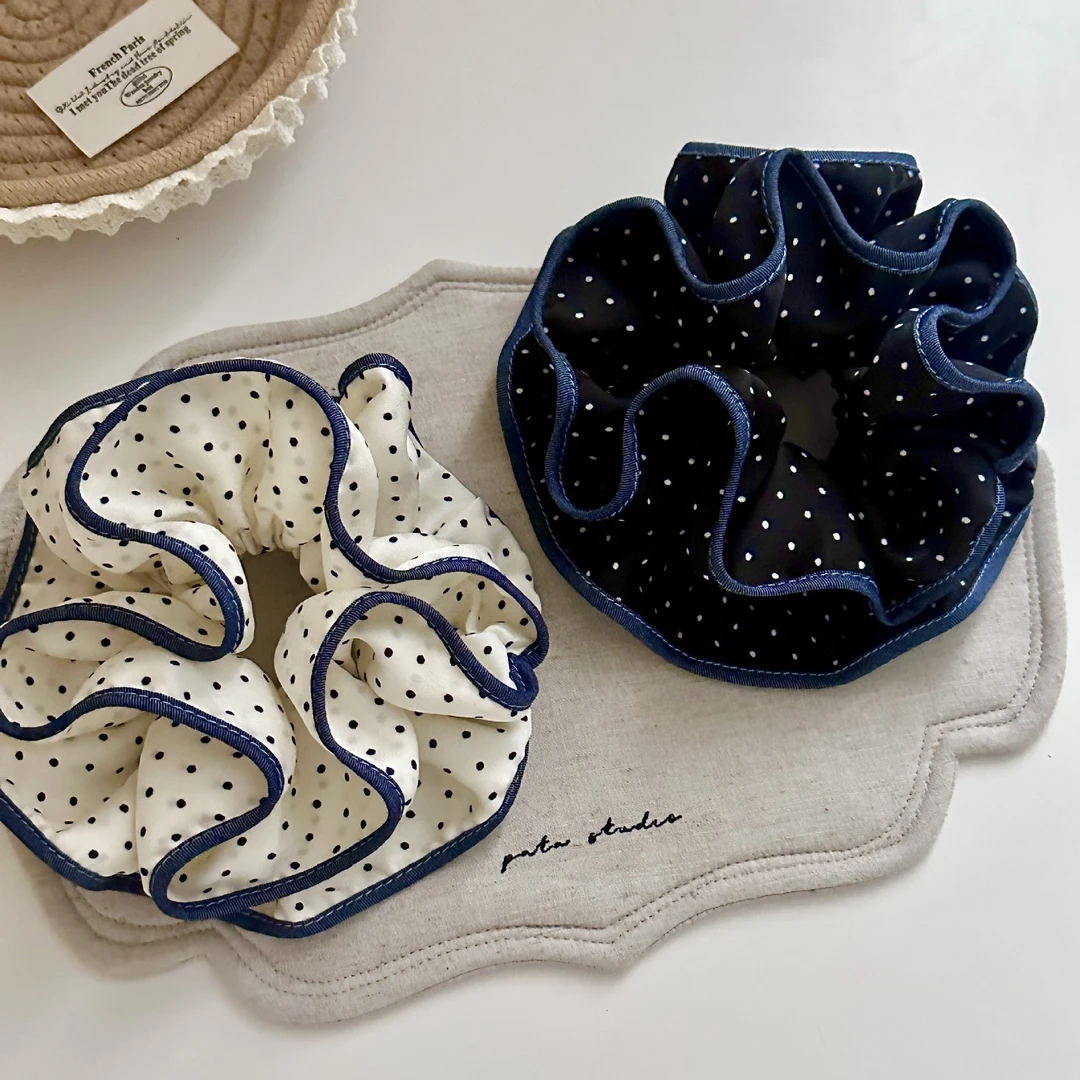 韩系温柔牛仔边波点小蛮腰发圈慵懒风马尾丸子头扎发头绳发饰女