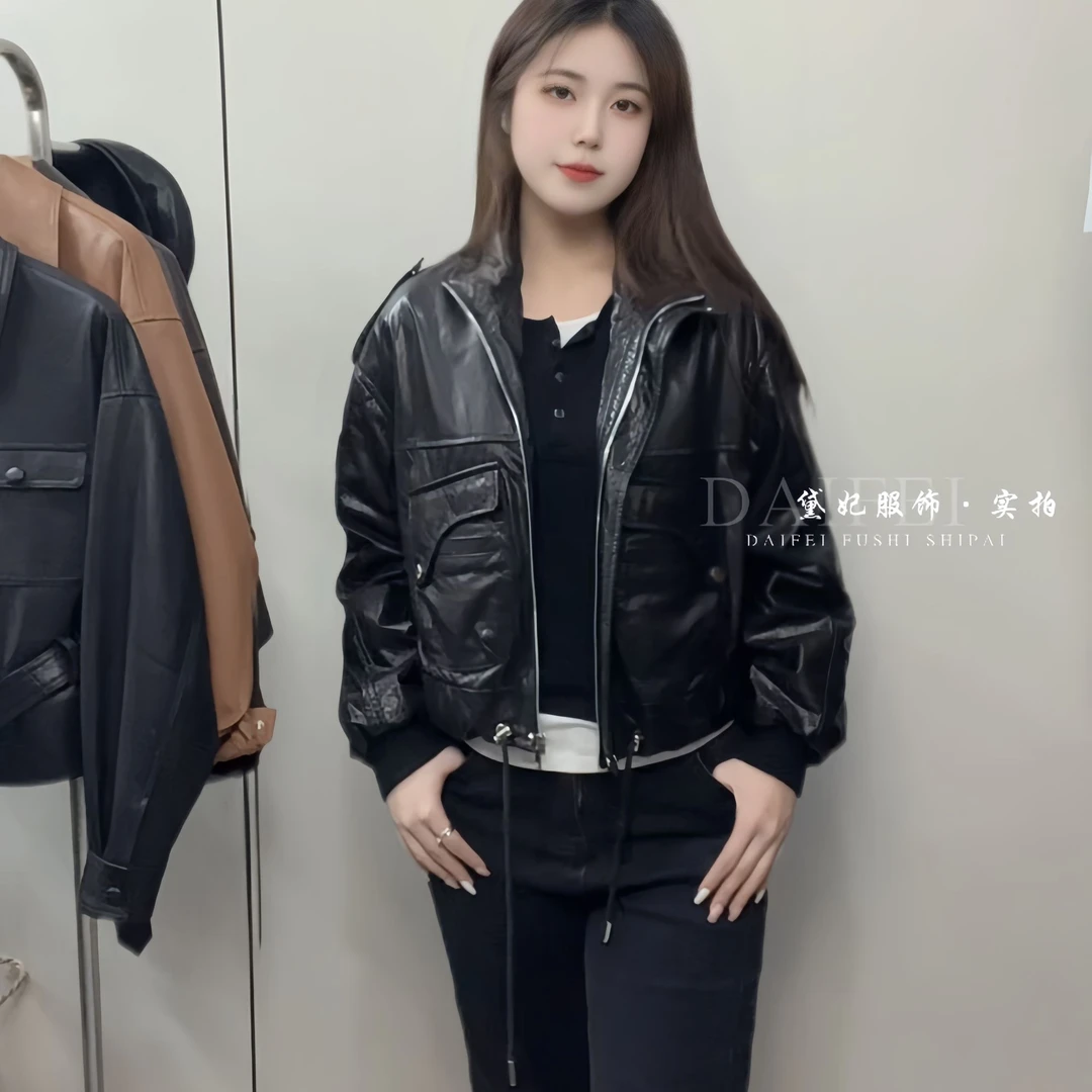 欧货2025春季新款真皮皮衣女短款油蜡皮夹克立领外套小个子机车服