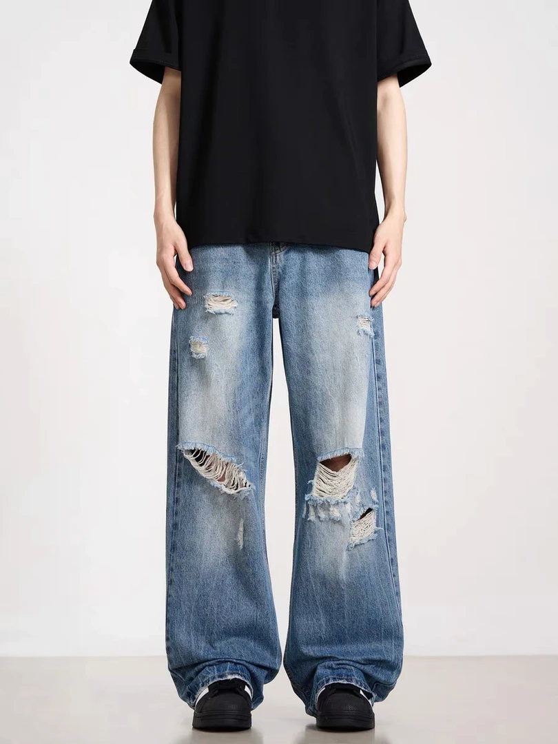 夏季美式高街阔腿宽松直筒破洞水洗牛仔裤休闲透气垂感裤子男