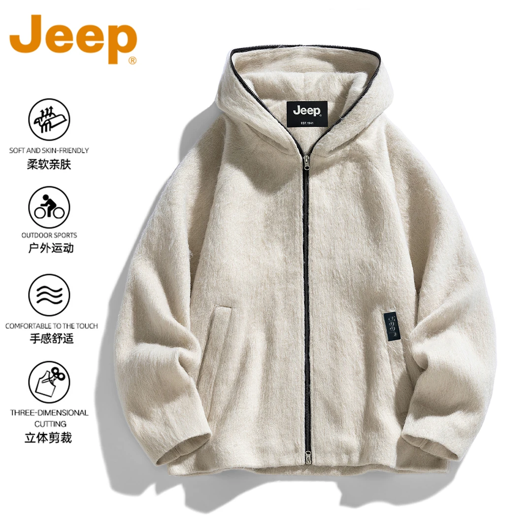 JEEP吉普双拉链仿羊绒夹克男款冬季2025新款加厚保暖休闲连帽外套