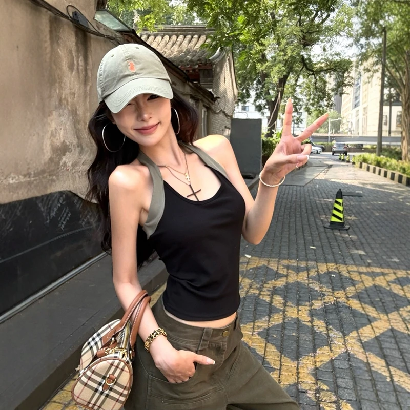 纯欲风辣妹挂脖黑色小吊带背心女2025夏季U领薄修身显瘦短款上衣