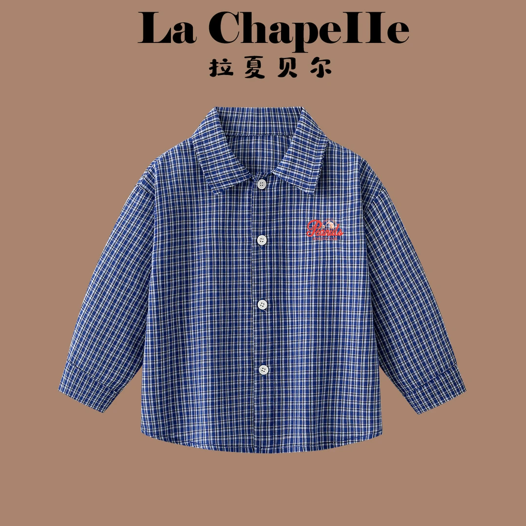 拉夏贝尔2025春秋款儿童衬衫格子韩版休闲气质格调衬衫